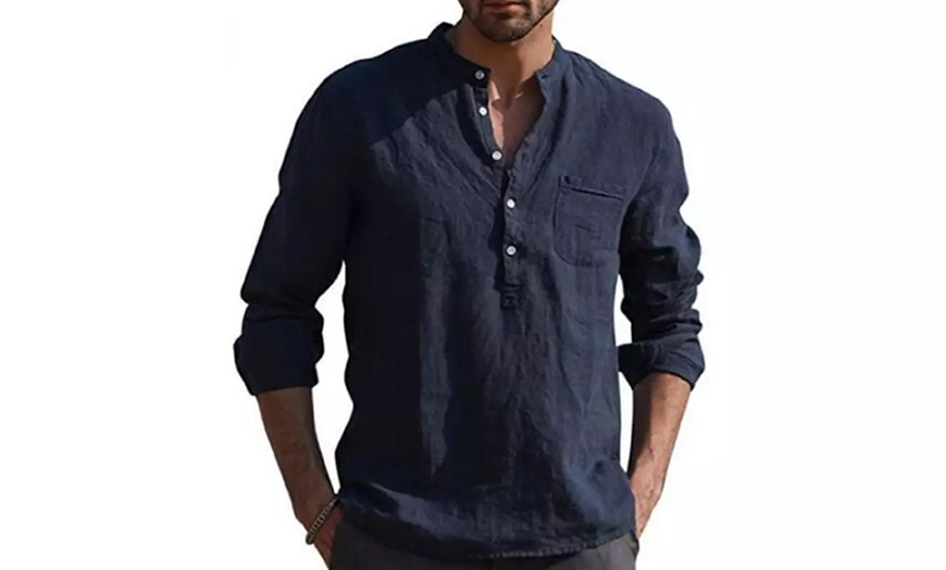 Image 8: Men's Long-Sleeved V-Neck Casual Linen Shirt