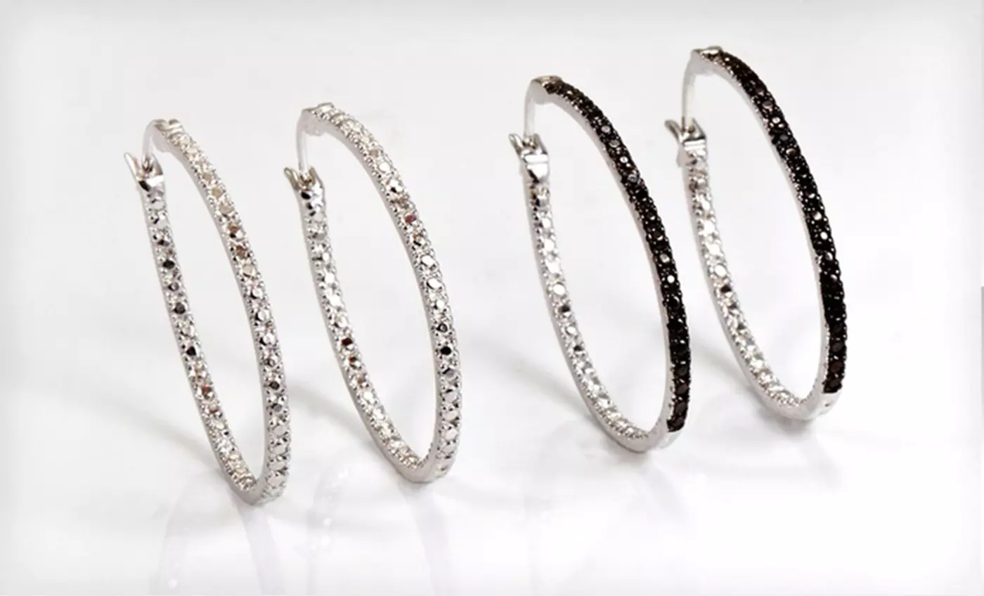 Black or White Diamond Accent Hoop Earrings. - Primary Image