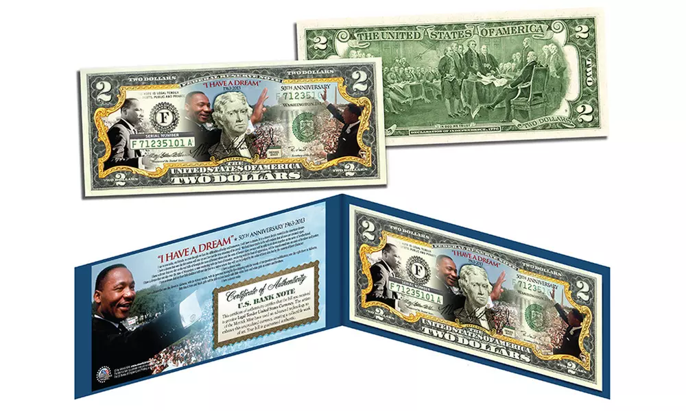 Martin Luther King Jr. "I Have a Dream" 50th Anniversary Colorized $2 Bill with Bonus JFK Half-Dollar Coin - Primary Image