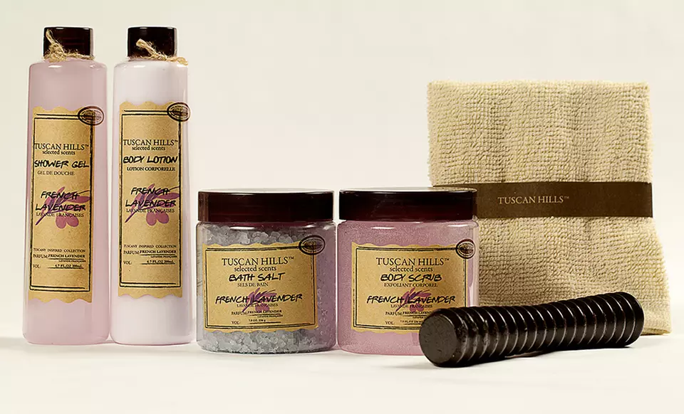 Tuscan Hills 6-Piece Spa Sets with Scented Bath Products, a Wooden Massager, and a Terry Towel.  Multiple Scents. - Primary Image