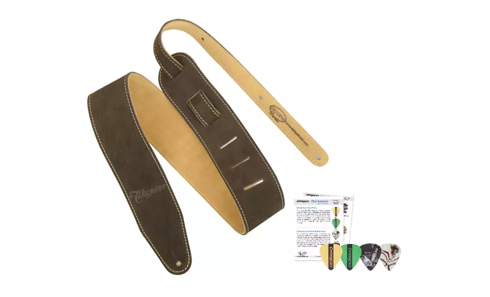 Takamine Suede Brown or Tan Guitar Strap with 4-Pick Sampler. Free Returns.  - Second Medium