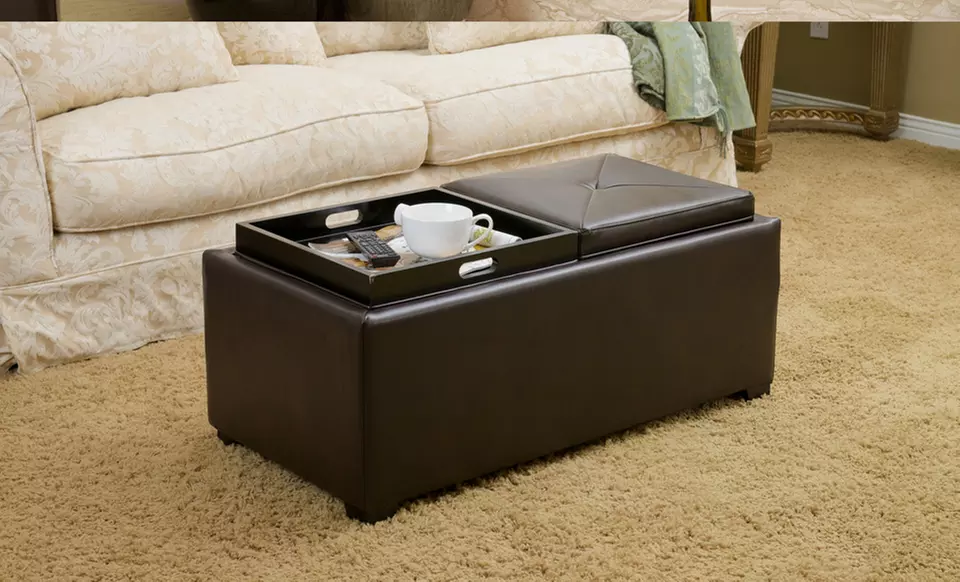 Contemporary Bonded Leather Double Tray Top Storage Ottoman - Second Medium
