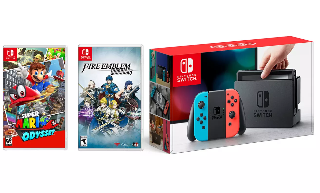 Nintendo Switch Console with Super Mario Odyssey and Fire Emblem Warriors - Primary Image