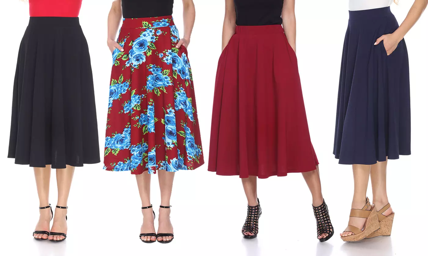 Women's Flared Midi Skirt with Pockets. Plus Sizes Available. - Primary Image