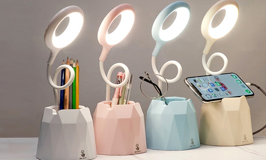 Image 1: Dimmable LED Desk Lamp with Phone and Pen Holder