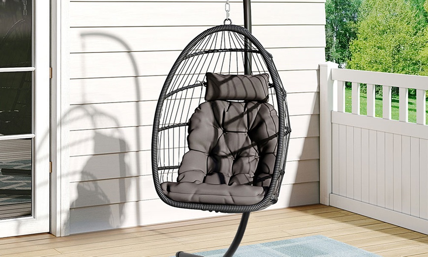 Image 52: Black Outdoor Hanging Egg Chair with Cushion