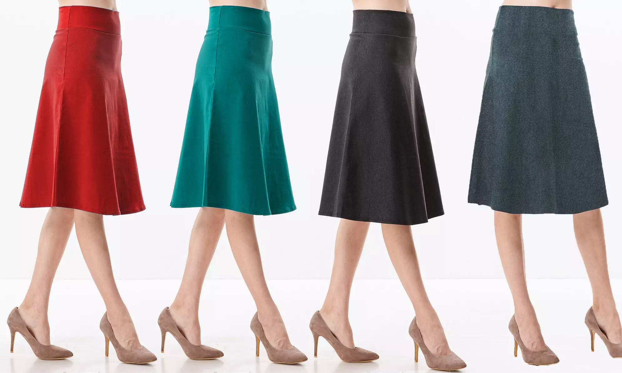 Women's High-Waist A-Line Below-the-Knee Flared Stretch Midi Skirt  - Primary Image