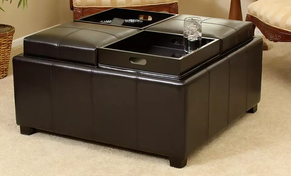 Bonded Leather Storage Ottoman with 4 Tray Flip Tops - Second Medium