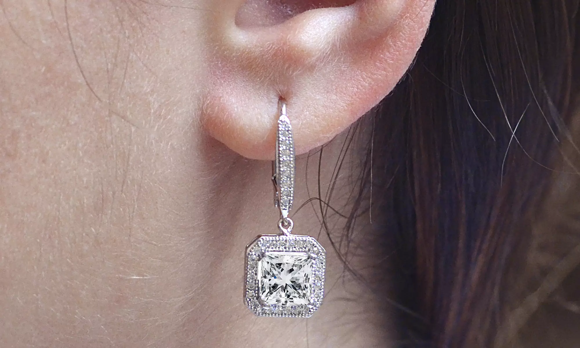 7.00 CTTW Princess Cut Halo Drop Earrings with Swarovski Elements - Second Medium