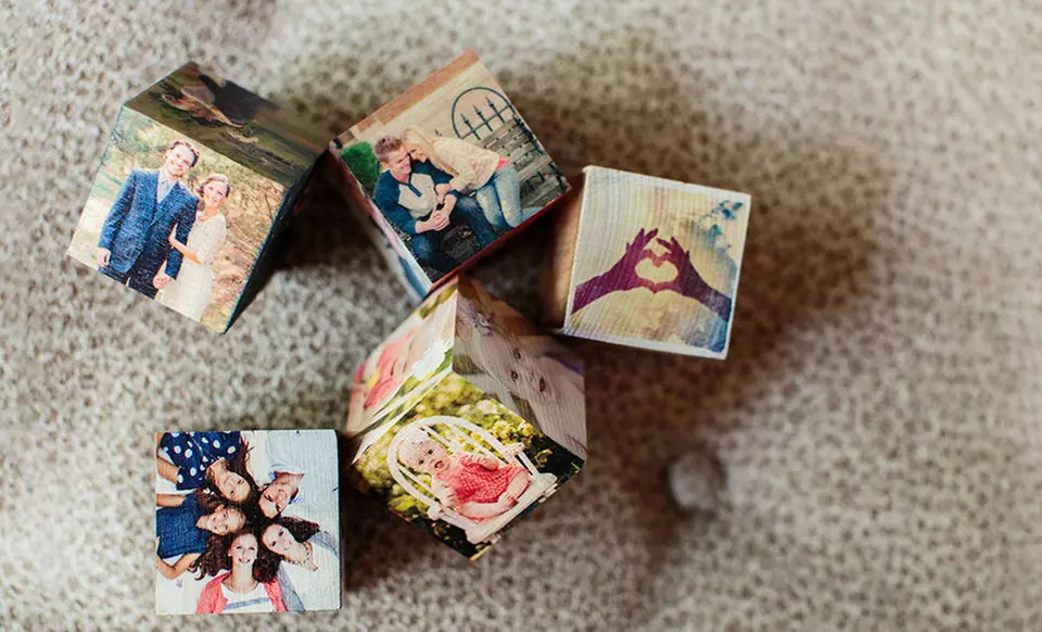 1, 2, or 3 Personalized 2"x2" Wooden PhotoCubes from PhotoBarn from $5–$15 - Primary Image