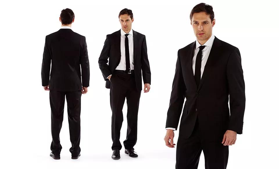 Via Men's 100% Wool Suit in Black on Black Stripe, Charcoal Black, or Navy. Free Returns. - Second Medium