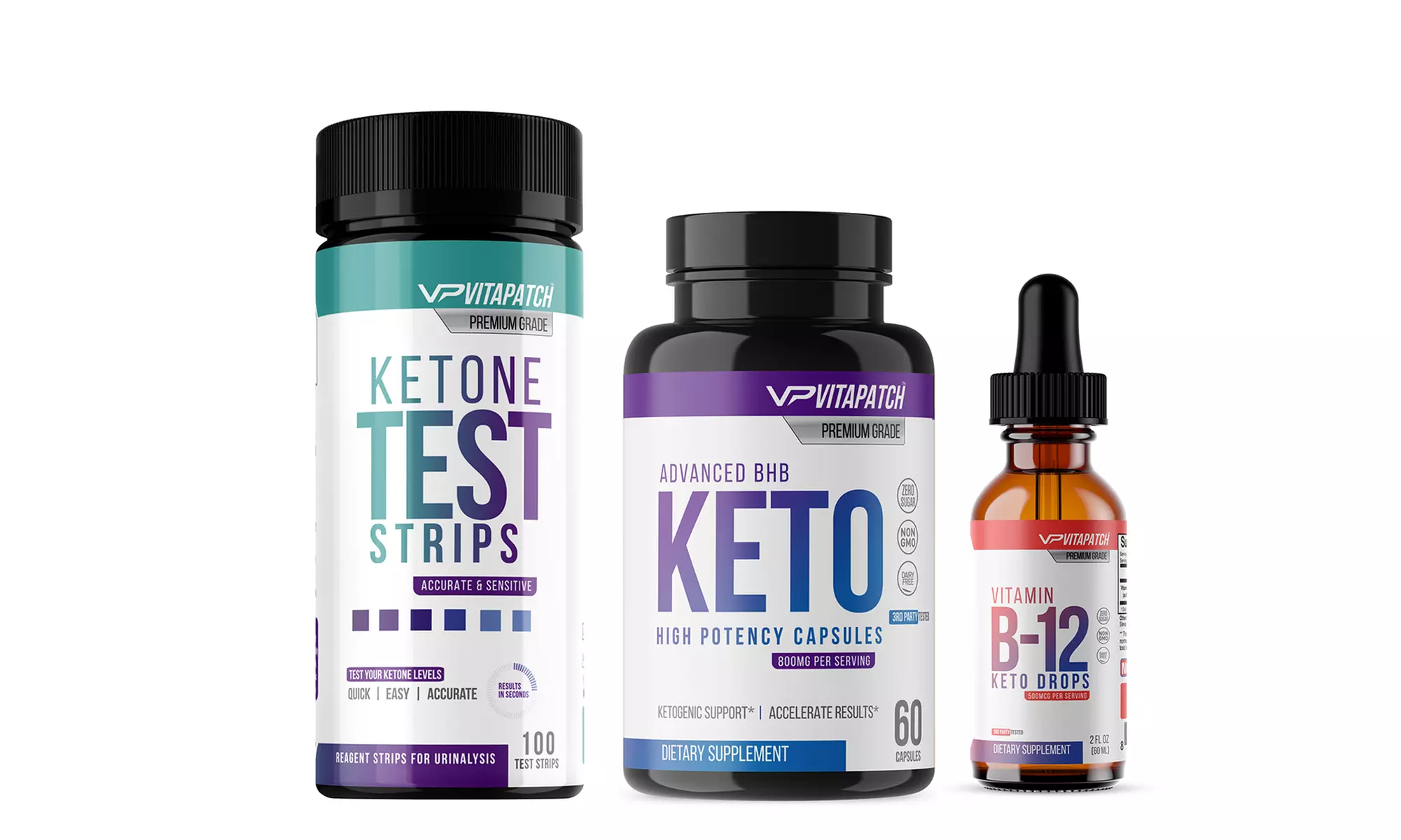 Keto Diet Bundle: BHB Capsule, Keto Test Strips & Vitamin B12 Drops (3-Pack Set) - Primary Image