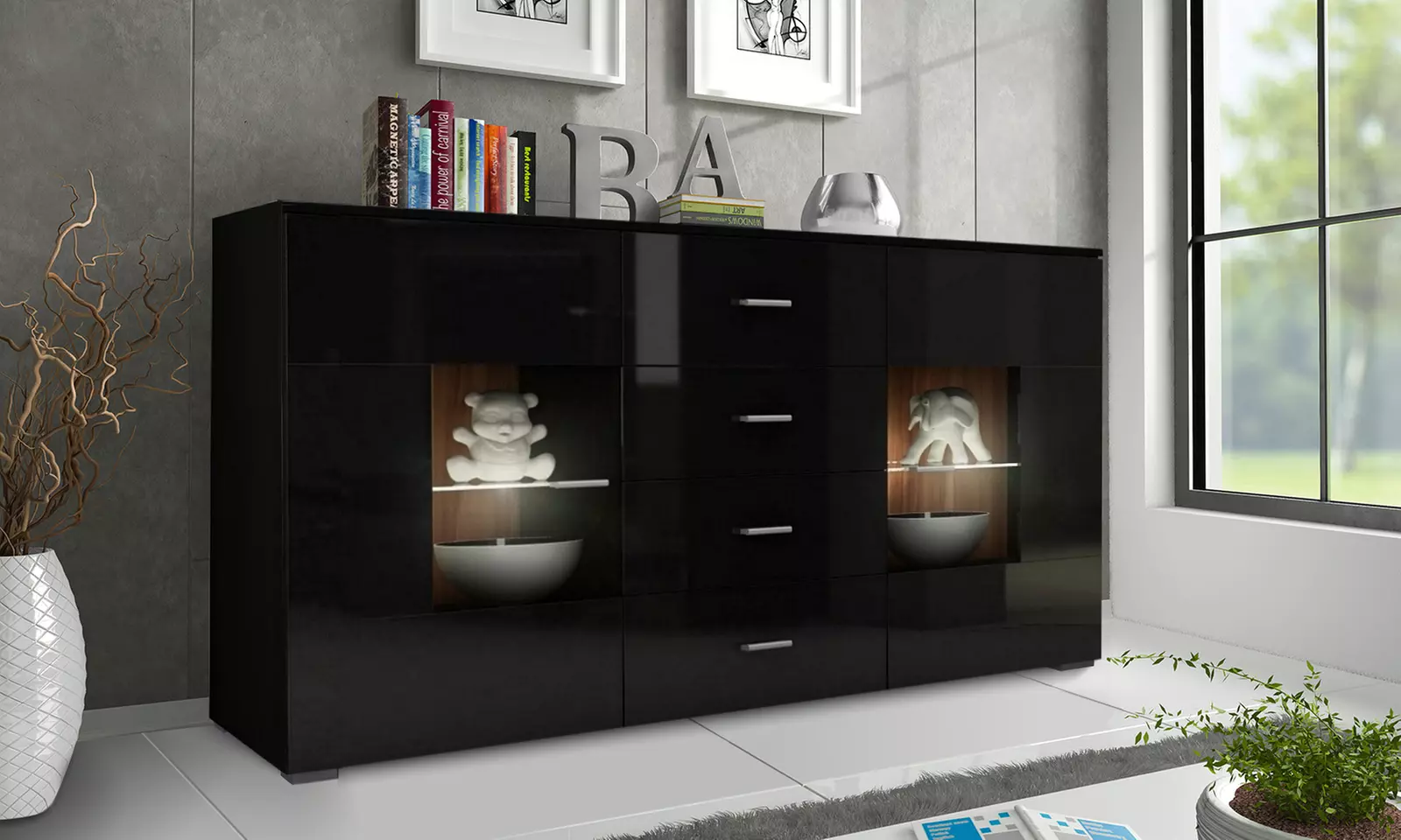 Selsey Kommode „Mataro“ in Schwarz mit oder ohne LED-Beleuchtung - Primary Image