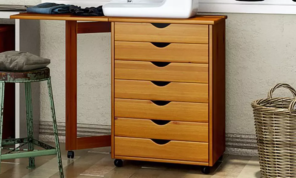 Adeptus Solid Wood 7 Drawer Gate Leg Roll Cart Desk - Primary Image