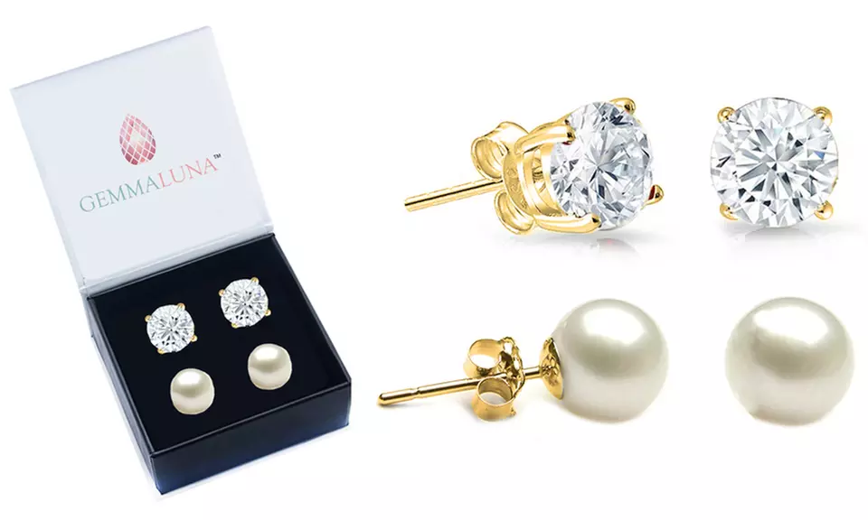 Gemma Luna 6.00 CTTW Freshwater Pearls and White Topaz Stud Earrings Set (2 Pairs) - Primary Image