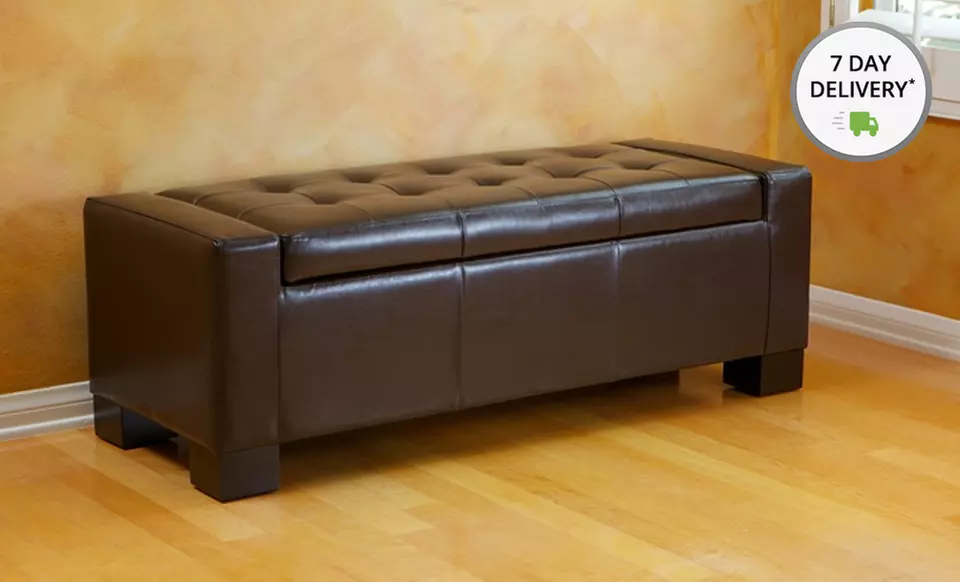 Tufted Leather Storage-Bench Ottoman in Black, Brown, Ivory, or Red - Primary Image