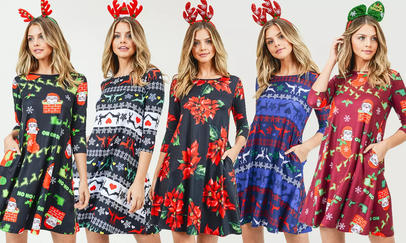 Style Clad Women's Pocketed Christmas Dress with Free Headband. Plus Sizes Available. - Primary Image