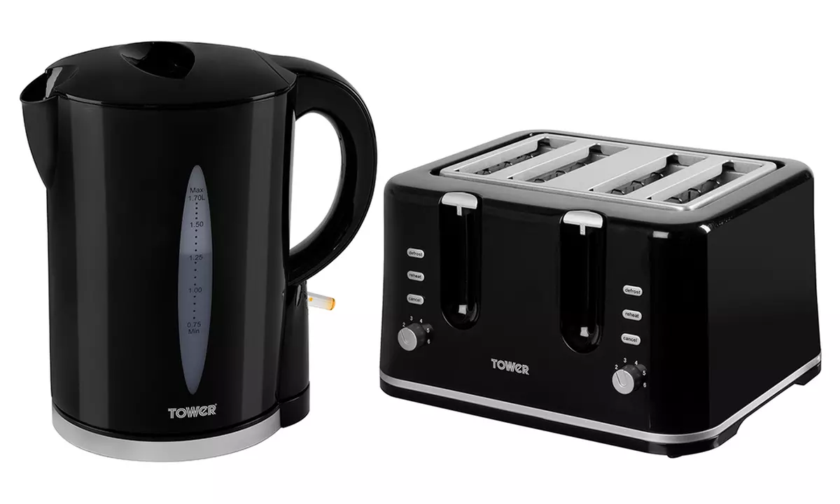 Tower Kettle and Four-Slice Toaster Set in Black or White - Primary Image