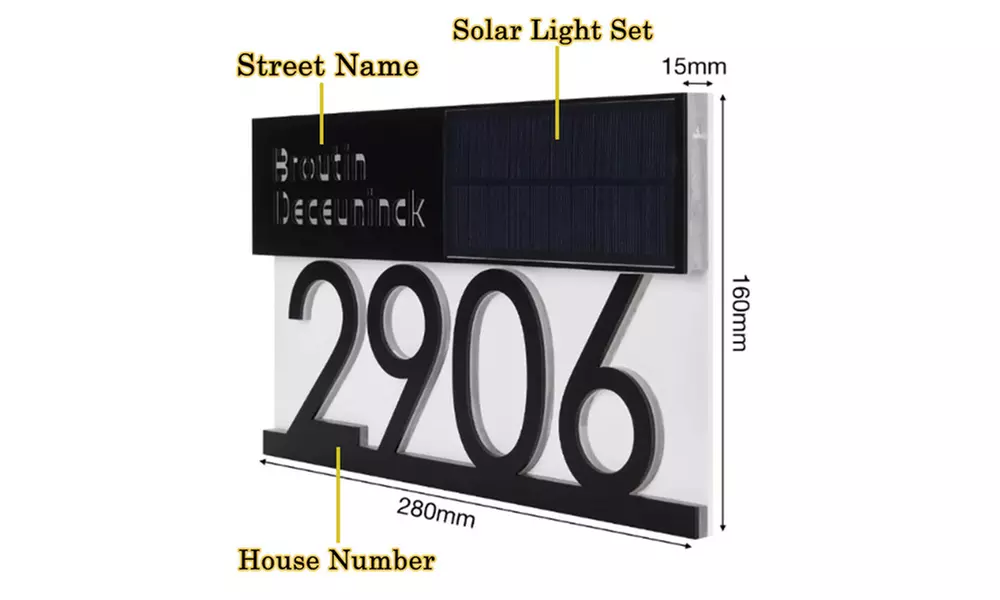 Personalisierbares Haustürschild mit Solarlicht, Text und Nummer