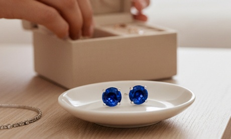 Paris Jewelry 14k White Gold Plated 1.36ctw Round Natural Sapphire Stud Earrings Blue Round 1.36 Ct White Gold