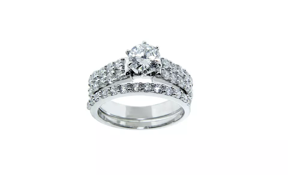 2-Piece Sterling Silver and Cubic Zirconia Wedding-Ring Sets. Multiple Styles Available. Free Returns. - Second Medium