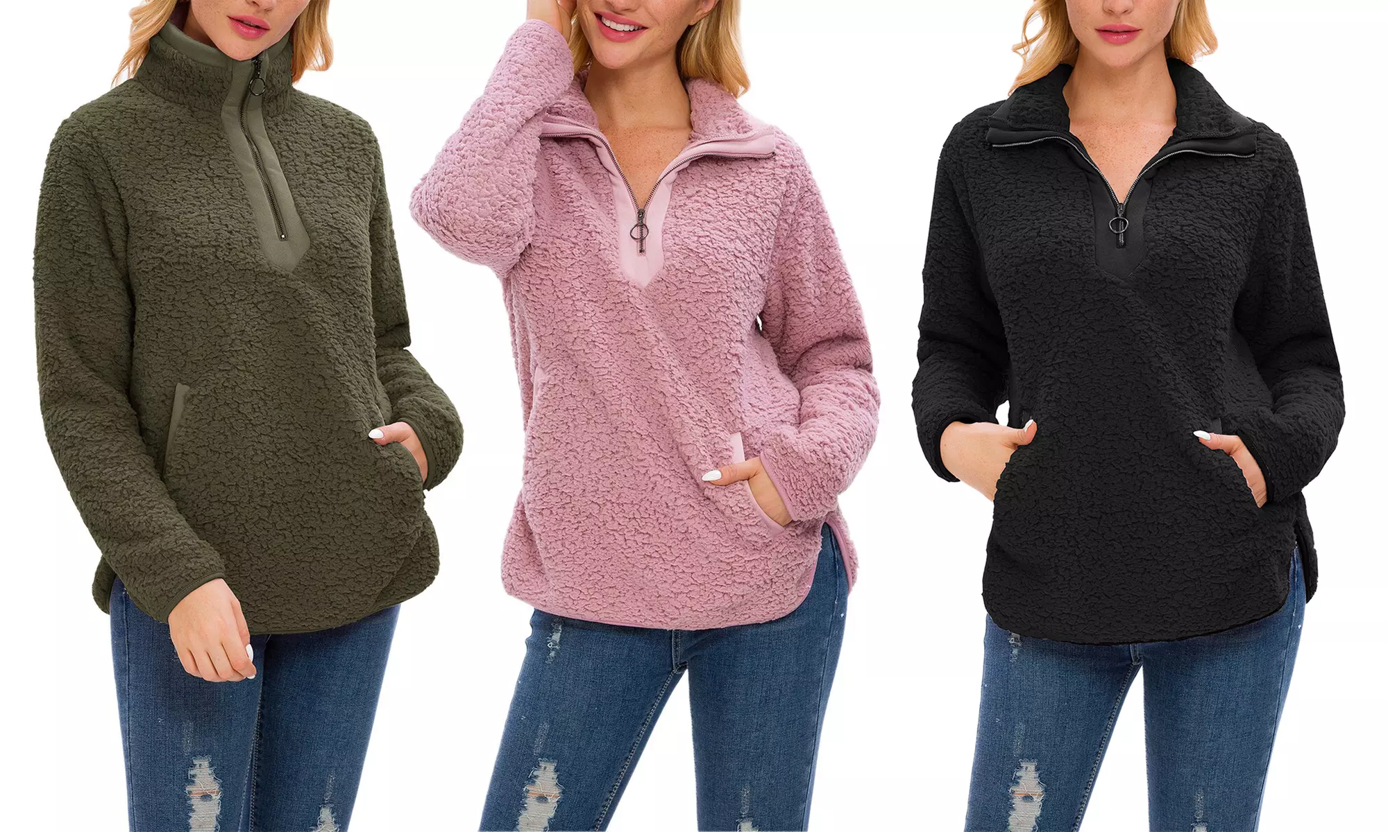Lilly Posh Women's Long Sleeve Sherpa Fleece Pullover with Pockets - Primary Image