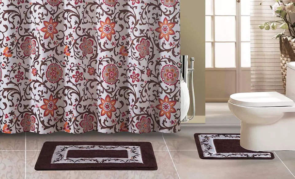 15-Piece Bath Set with 2 Mats, Shower Curtain, and Shower-Curtain Rings in Blue, Brown, or Pink. Free Returns. - Primary Image