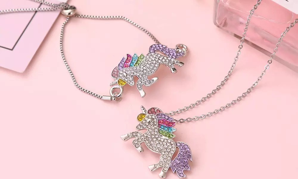 1x oder 2x Halskette oder Armband mit Einhorn-Anhänger für Kinder