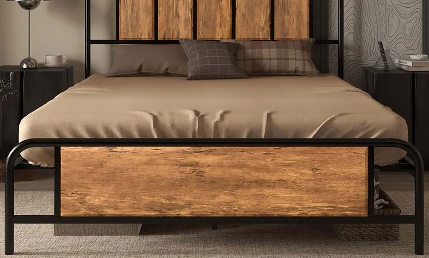 Image 3: HomCom Double Bed Frame with Industrial Wood Headboard