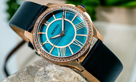 Orologio Bertha Mother-Of-Pearl da donna con cristalli e cinturino in pelle disponibile in vari colori