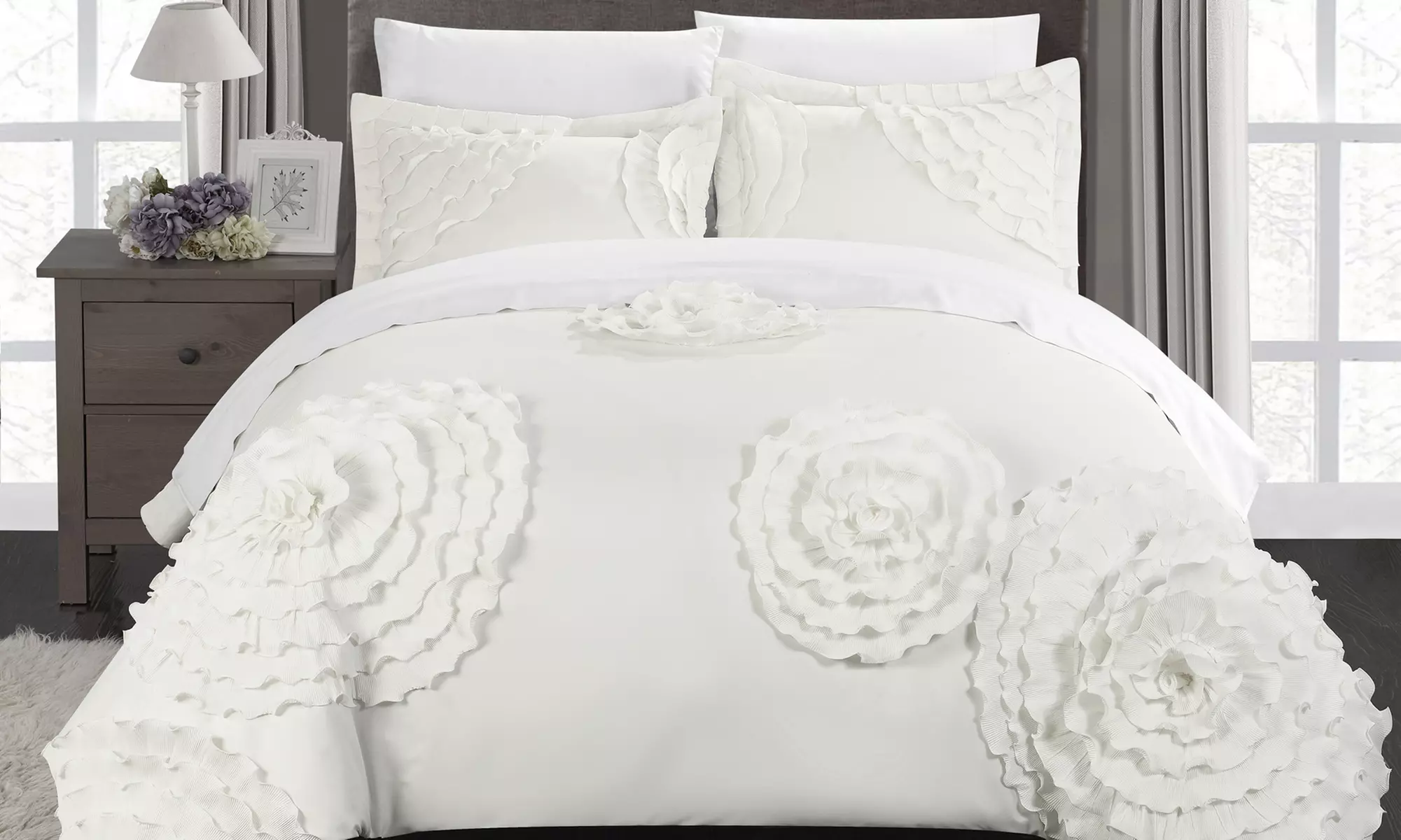 Ladonna Floral and Rose Pleated Duvet Cover Set (3-Piece) - Second Medium