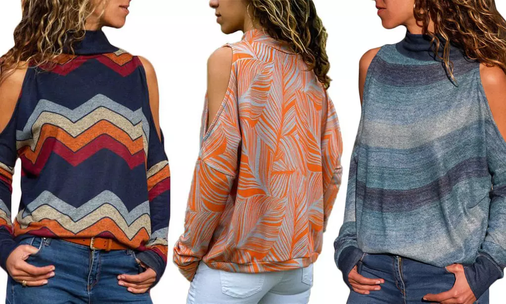 Printed Long-Sleeved Blouse with Cut-Out Shoulders - Primary Image