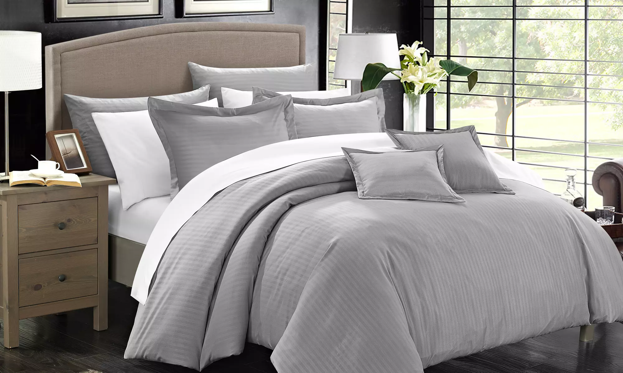 Special Price: Chic Home Kanyetta Down-Alternative Jacquard Striped Comforter Set (5- or 7-Piece) - Primary Image