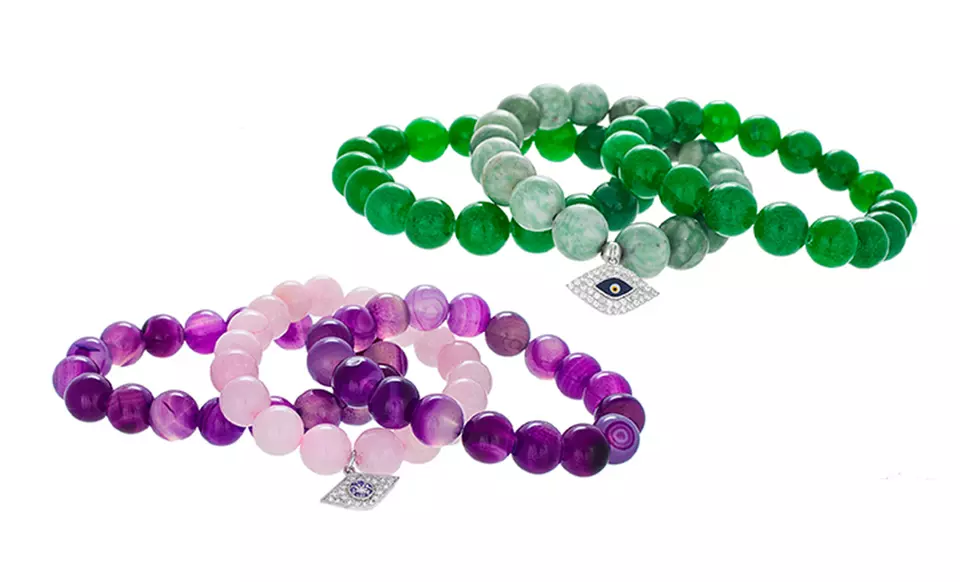 3-Piece Glass-Bead Bracelet Set with Cubic-Zirconia Evil-Eye Charm. - Primary Image
