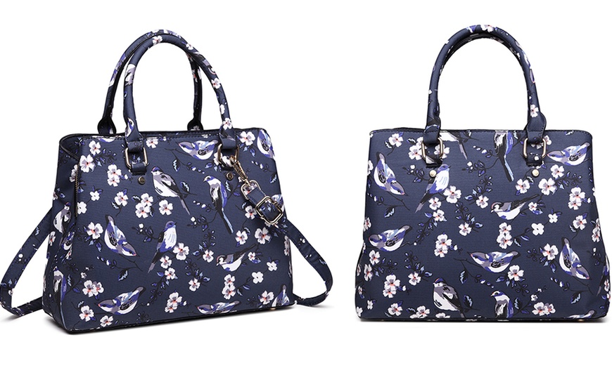 Image 11: Matte Bird Print Tote Handbag