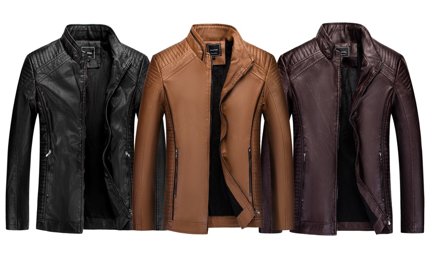 Image 1: Men's Faux Leather Biker Jacket