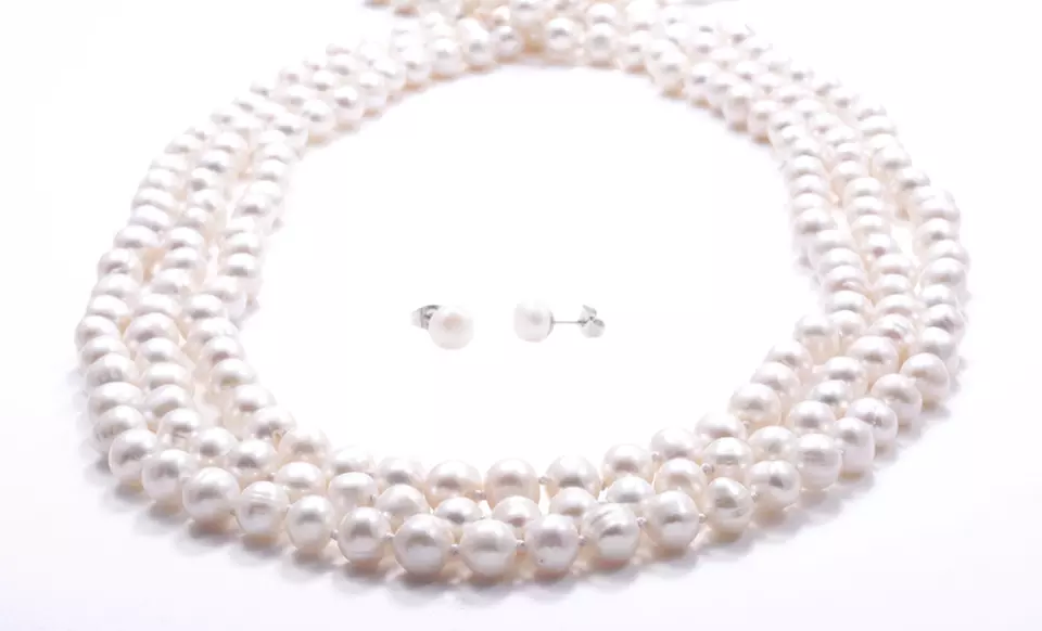 100" Genuine Freshwater Pearl Necklace with Bonus Pearl Earrings. Free Returns.  - Primary Image