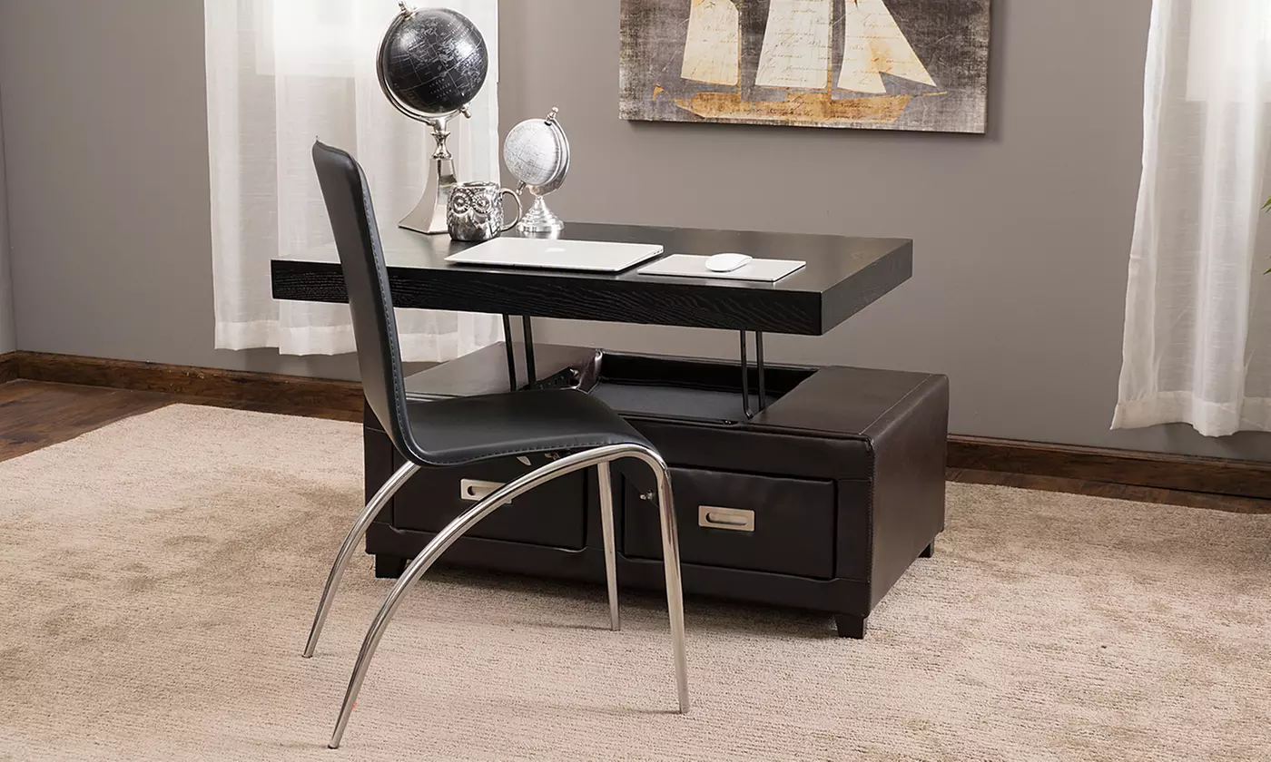 Kurt Brown Leather Convertible Storage Ottoman and Desk - Primary Image