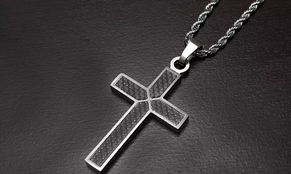 Men's Stainless Steel Black Carbon Fiber Cross Pendant - Primary Image