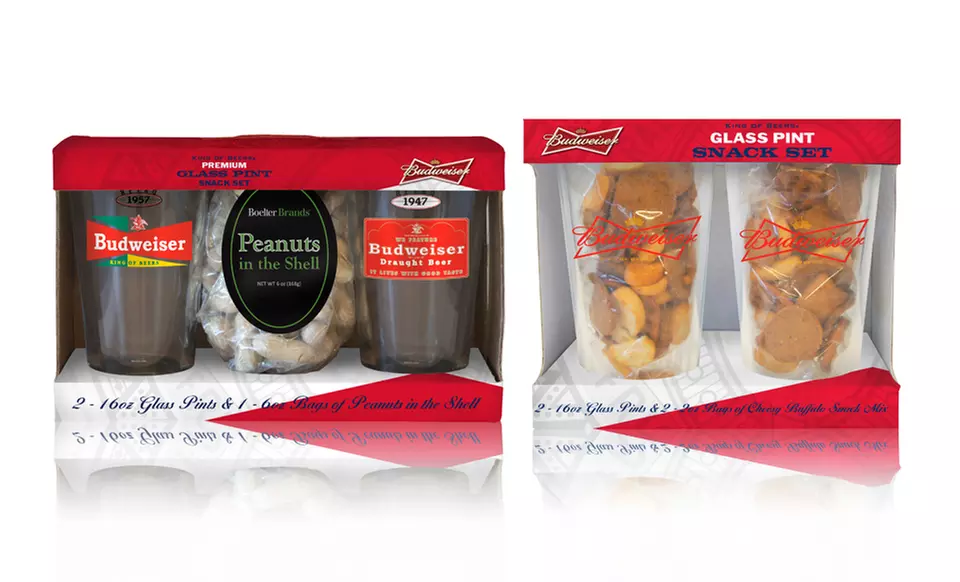 Budweiser Pint Glass 2-Pack with Snacks. Two Options Available. - Primary Image