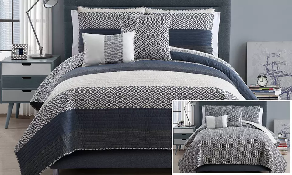 Nova Denim Reversible 5-Piece Quilt Set - Primary Image