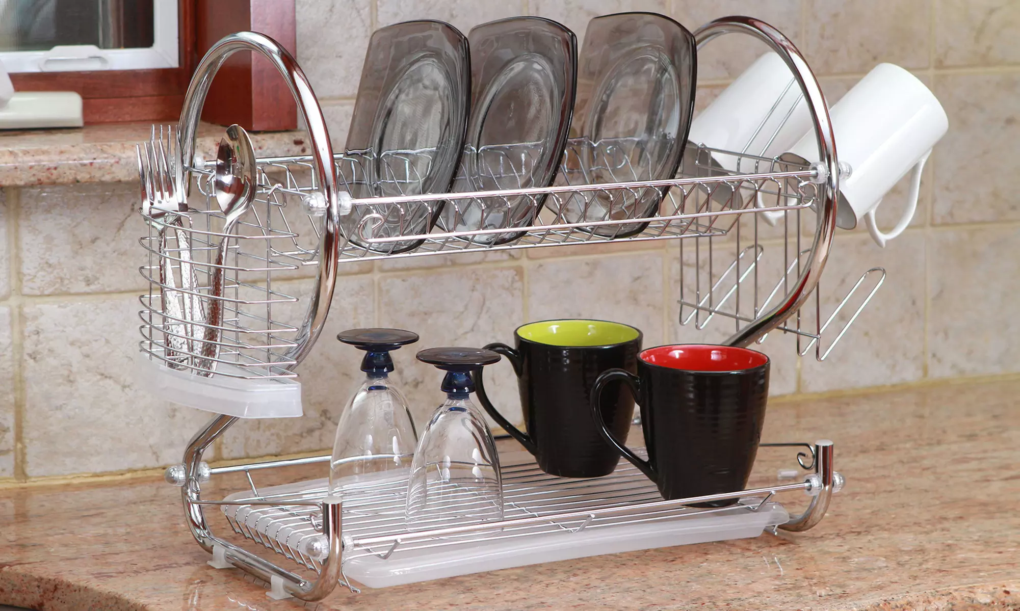 Two-Tier S-Shaped Chrome Dish Rack Set (Four-Piece) - Primary Image
