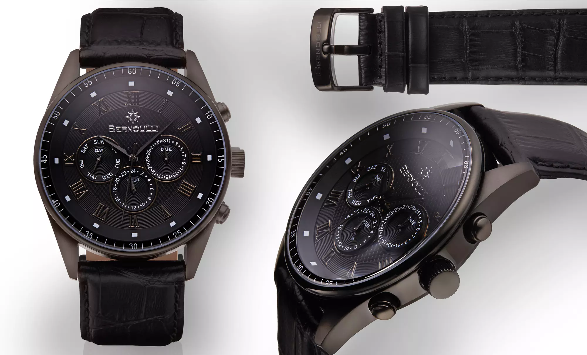 Bernoulli Eclipse Multifunction Collection Men's Stainless Steel and Leather Watch - Second Medium