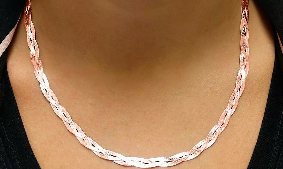Italian Solid Sterling Silver Diamond Cut Braided Herringbone Necklace - Second Medium