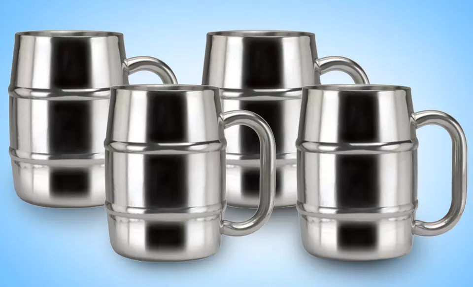 Set of 4 Old Dutch Double-Walled Stainless Steel Beer Mugs - Primary Image