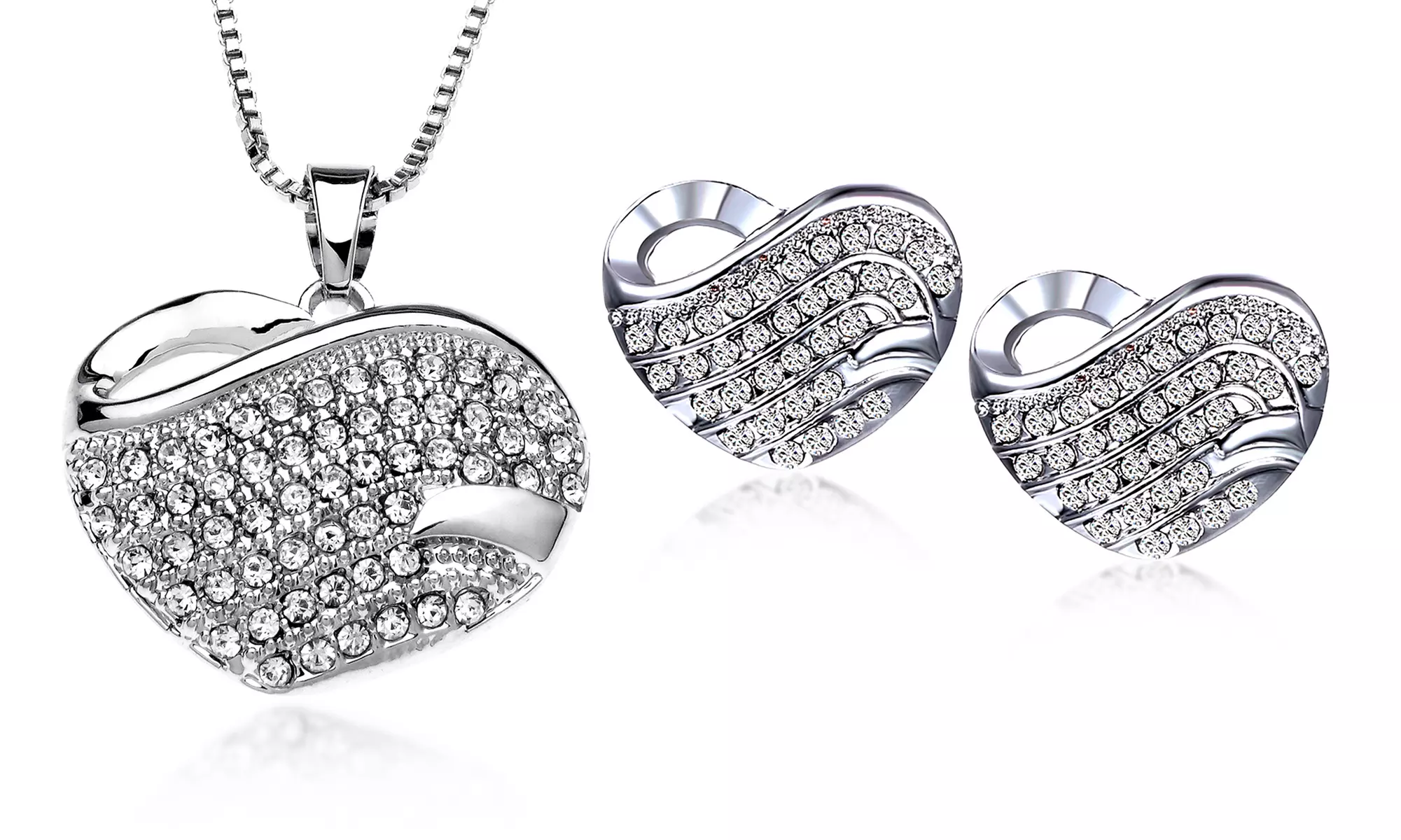 Pave Heart Necklace and Earrings Set with Swarovski Elements Crystals in 18K White Gold - Primary Image