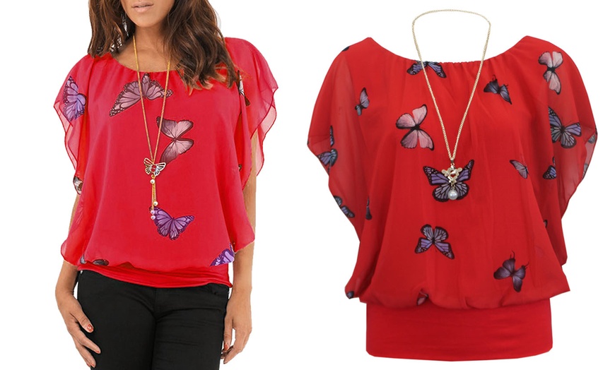 Image 10: Women's Coloured Butterfly Print Ruffle Chiffon Top with Necklace