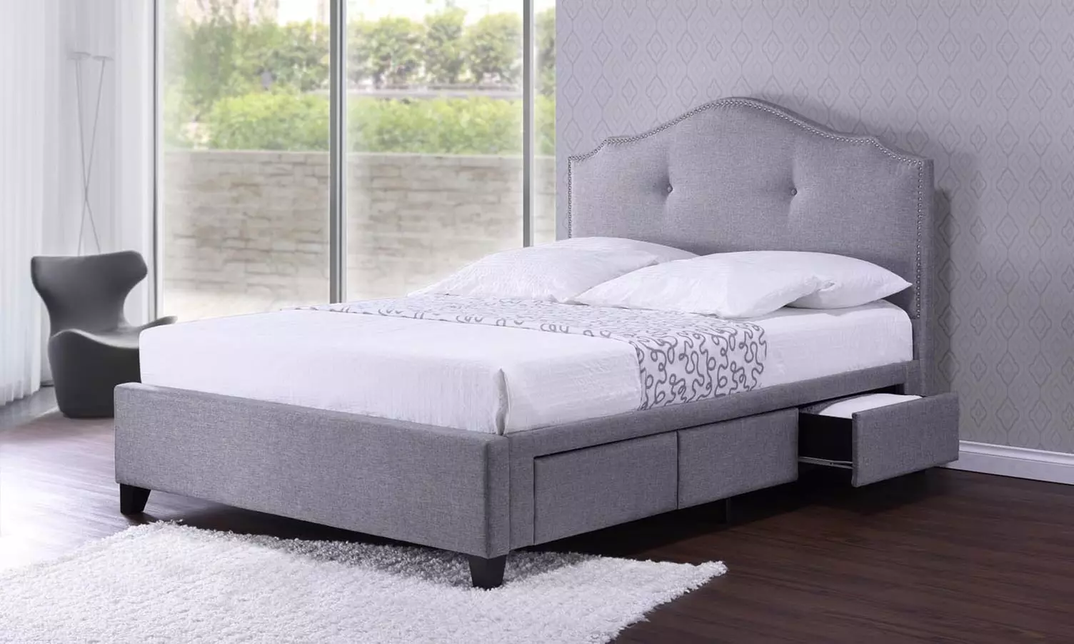 Armeena Gray Modern Platform Storage Bed with Upholstered Headboard - Primary Image