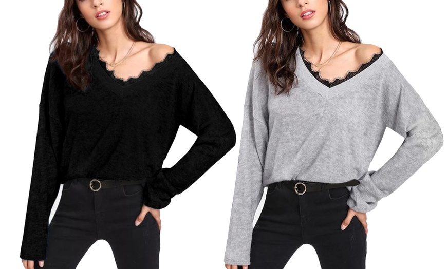 Image 7: Lace Trim V-Neck Sweater