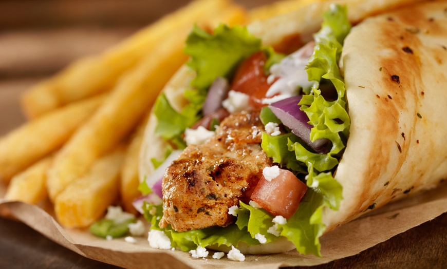 Image 1: Souvlaki Wrap + Chips or Drink